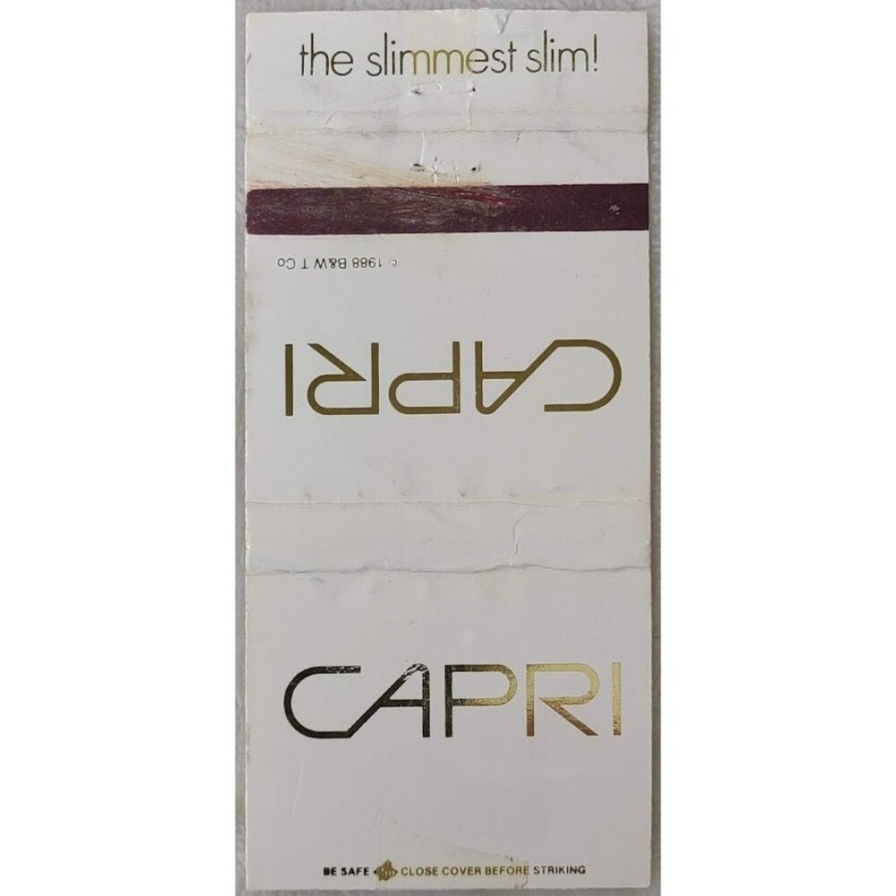 Vintage Matchbook Cover Capri Slim Cigarettes 1988 Slimmest Slim B&W Tobacco Co